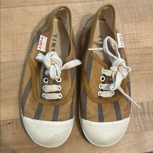 Tan and Blue Striped Canvas Sneakers